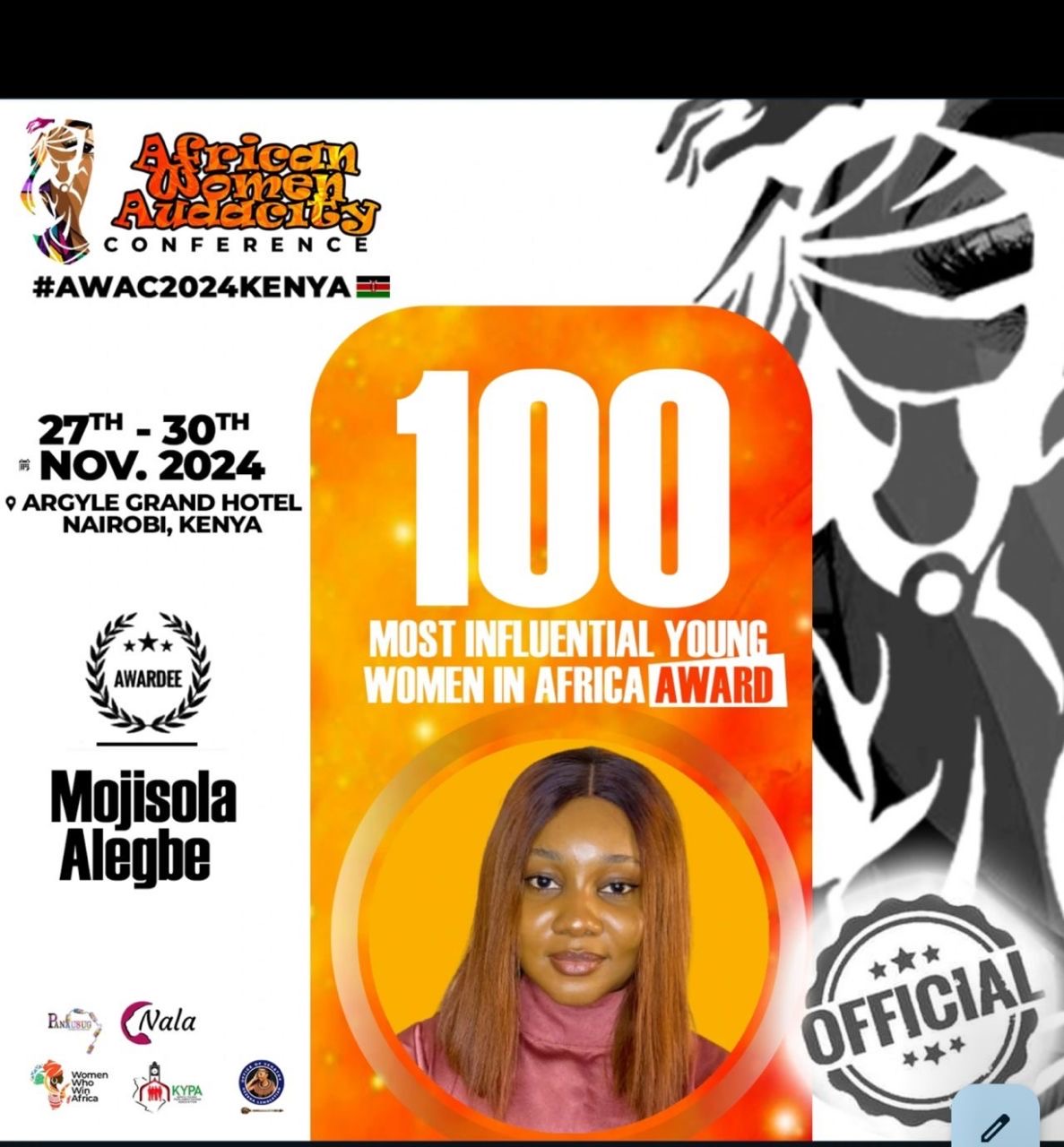 Award recognition: 100 Most Influential Young Women in Africa