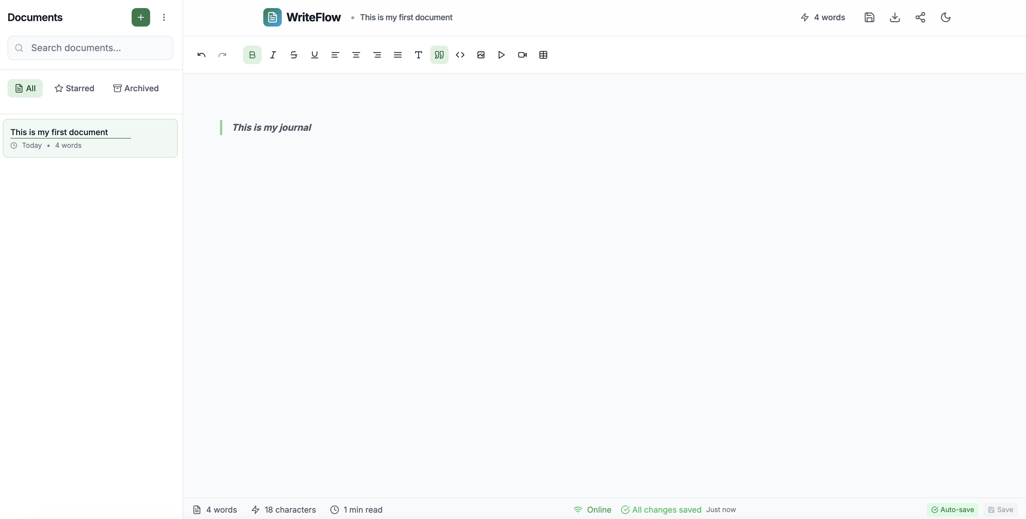 WriteFlow is a modern, distraction-free writing editor with real-time collaboration, auto-save, and cloud sync. Create, edit, and organize your documents with ease.